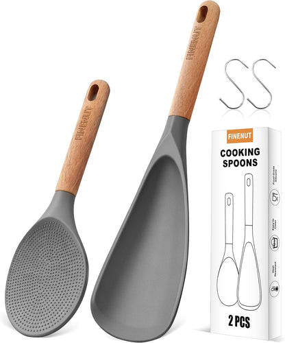 Cooking Spoon Multifunction Spoonula Silicone Spatula Spoon 2-Pack, Dual-Use Heat Resistant 446°F, BPA-Free Non-Toxic Wooden Handle Rice Spoon Set for Non-Stick Cookware & Rice Cookers (Black)