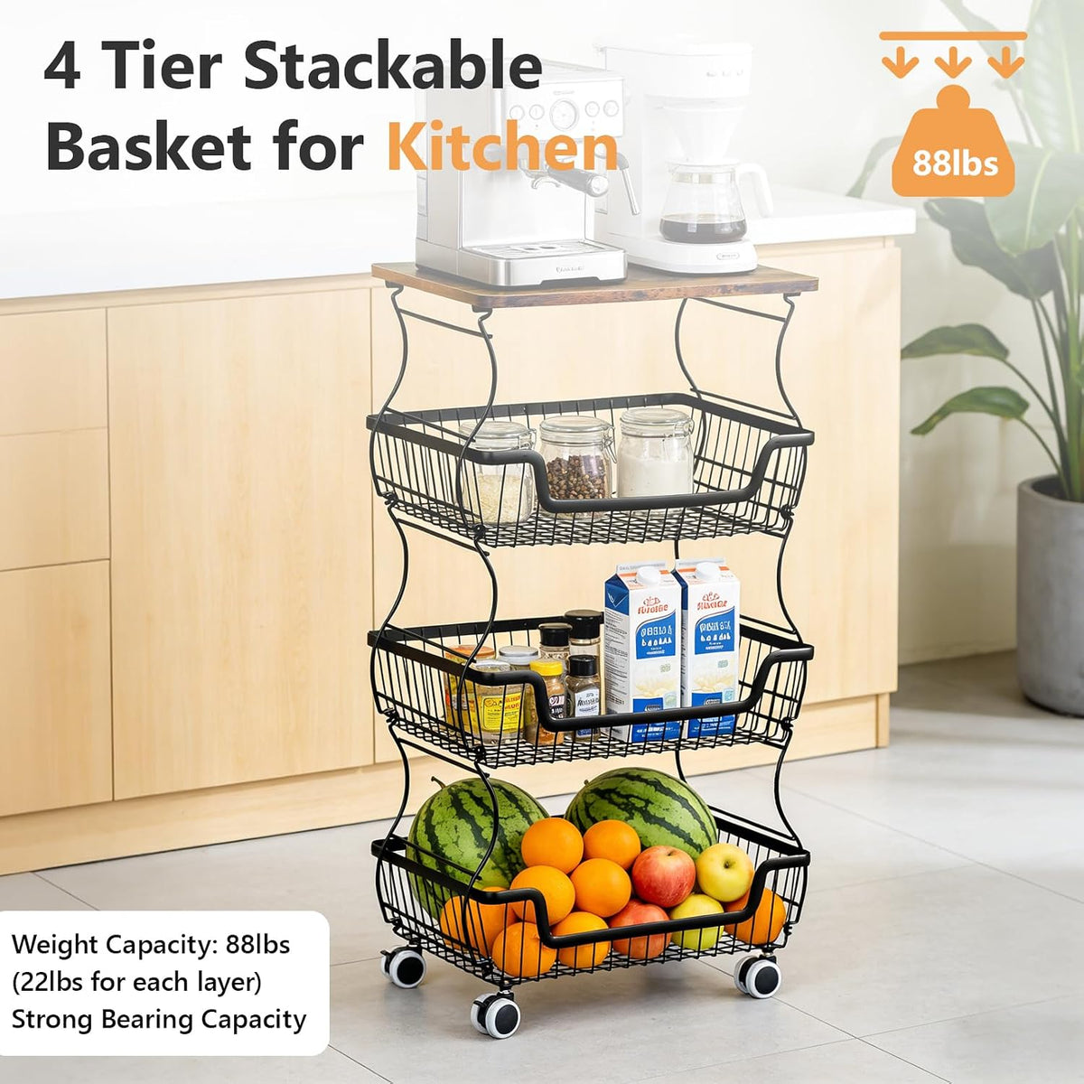2 Pack 3-Tier Rolling Kitchen Storage Cart Fruit Basket Stand for Vegetables & Snacks Stackable Wire Pantry Floor Organizer with Wheels for Kitchen, Living Room, Bedroom, Office (Black)