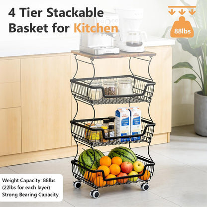 2 Pack 3-Tier Rolling Kitchen Storage Cart Fruit Basket Stand for Vegetables & Snacks Stackable Wire Pantry Floor Organizer with Wheels for Kitchen, Living Room, Bedroom, Office (Black)