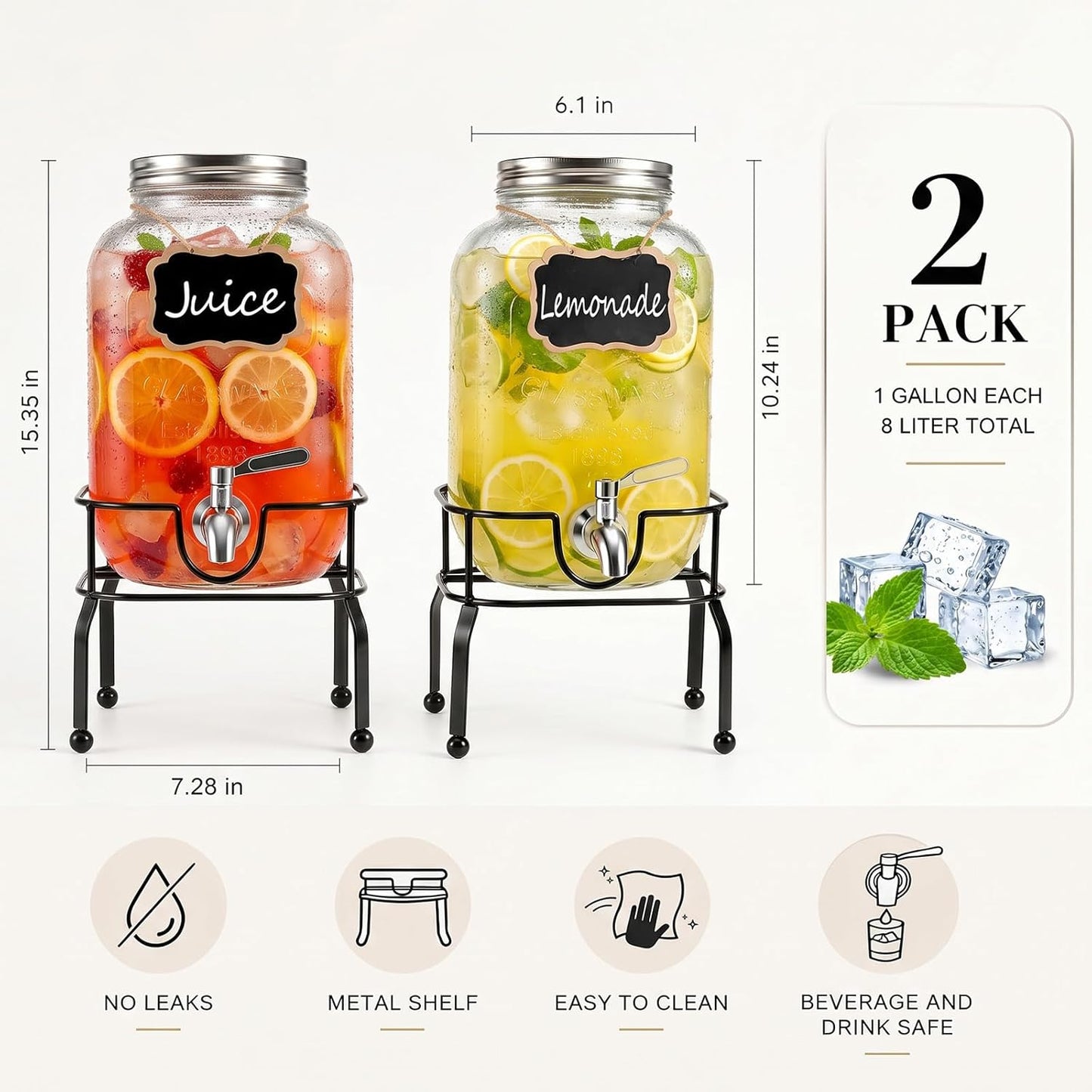 2 Pack1 Gallon Glass Drink Dispensers For Parties,Beverage Dispenser with Stand,304 Stainless Steel Spigot Leakproof,Lemonade Dispenser for Sun Tea, Homemade Juice