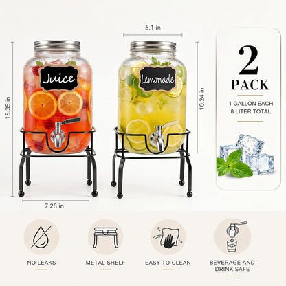 2 Pack1 Gallon Glass Drink Dispensers For Parties,Beverage Dispenser with Stand,304 Stainless Steel Spigot Leakproof,Lemonade Dispenser for Sun Tea, Homemade Juice