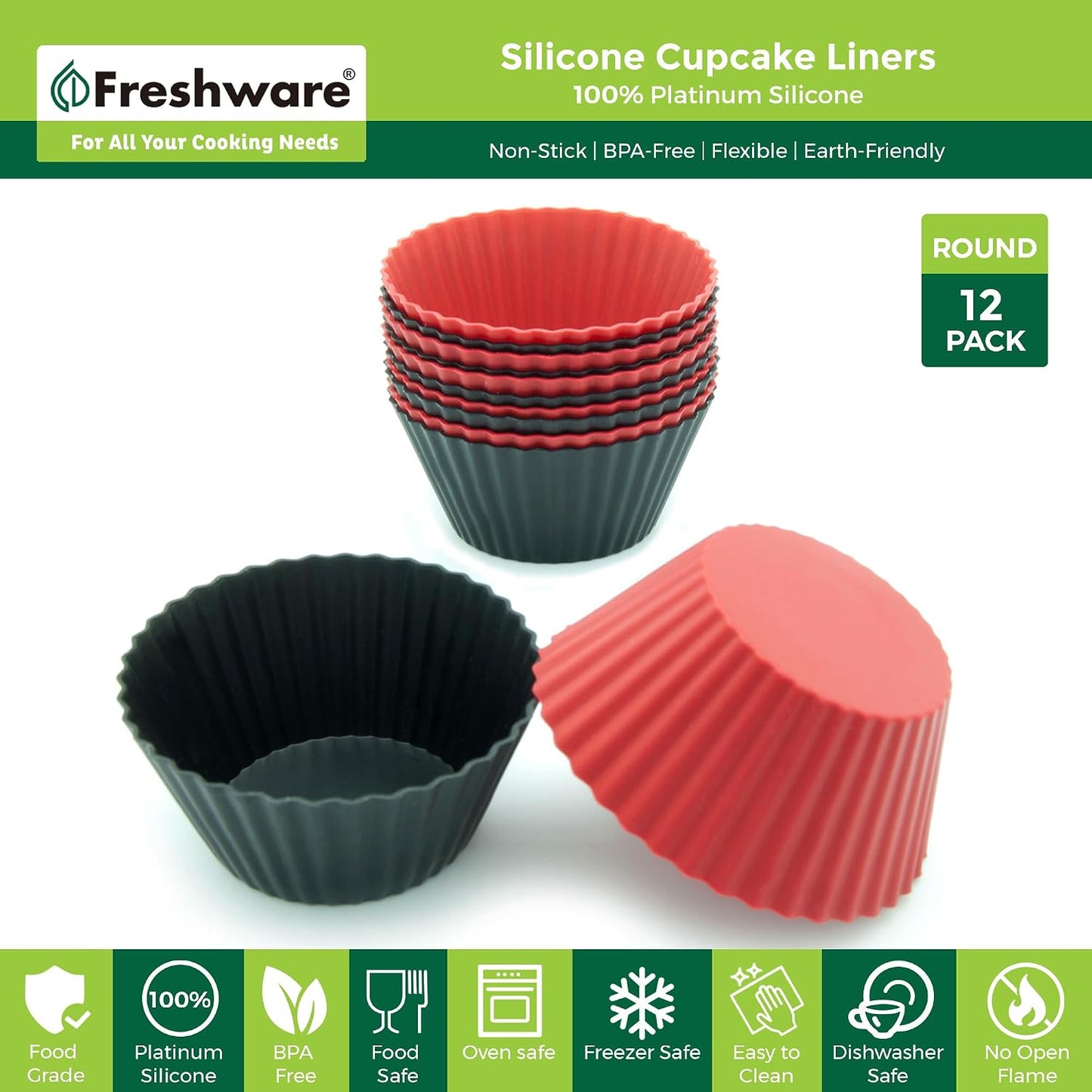 Freshware Cupcake Liners, Pack of 12 Silicone Muffin Cups, 3 Inch Baking Cups, Reusable & Non-stick Cupcake Liners for Party Halloween Christmas, Flower