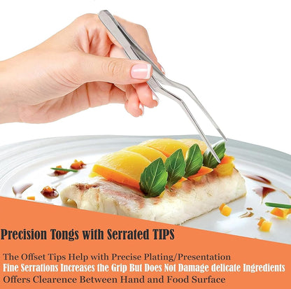 A2Z Chef Precision Tweezers Set of 2 – Stainless Steel Offset & Straight Serrated Tip Tweezers for Food Plating, Garnishing & Culinary Preparation