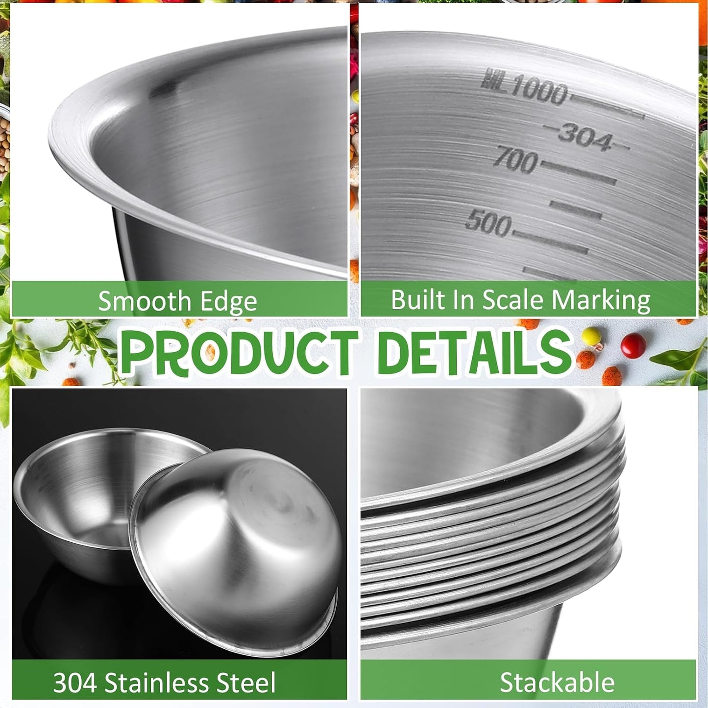 Honeydak 12 Pcs 304 Stainless Steel Mixing Bowls with Graduations, Salad Bowls Metal Serving Reusable Baking Food Storage Containers for Baking, Cooking, Salads, Soups, Ice Cream, Noodles (40 oz)