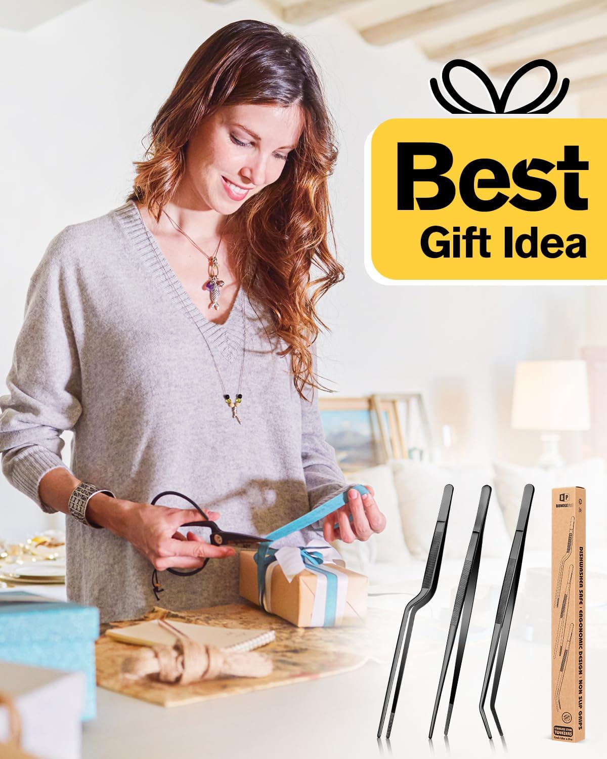 Fine Cooking Tweezers Set, Professional Stainless Steel Food Tongs, Kitchen Black Long Chef Tweezer for Cooking, Plating, Decorating and BBQ (SILVER, 12 inch)