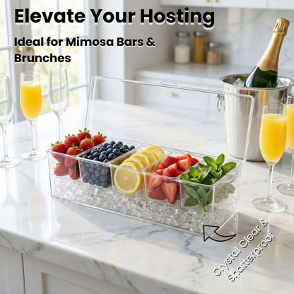 Ice Chilled Condiment Server with Lids – Includes 19 Serving Accessories (Tongs, Spoons, Forks) – 5 Compartment Fruit & Veggie Tray for Parties, Taco Bar, Picnics & Outdoor Entertaining