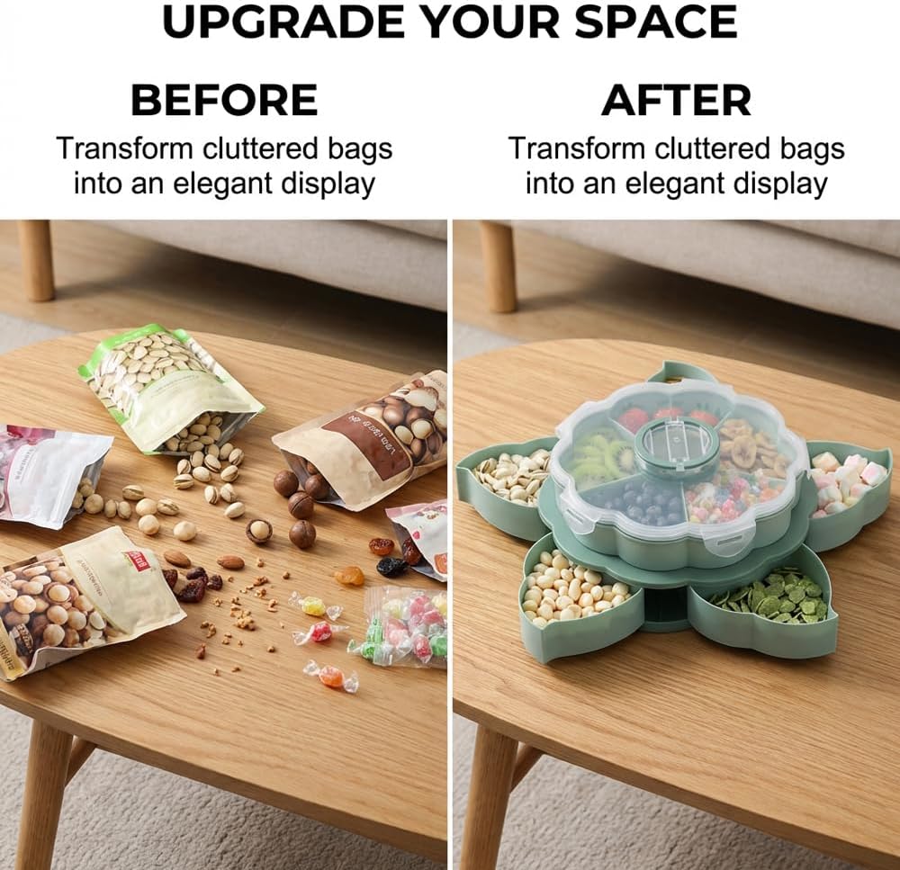 Divided Serving Tray that Spins, Rotating Snack Box Container with Lid for Snacks, Cake, Fruit, Veggie, Dips & Party Appetizers, Lazy Susan Snackle Box Container (Double Layer)