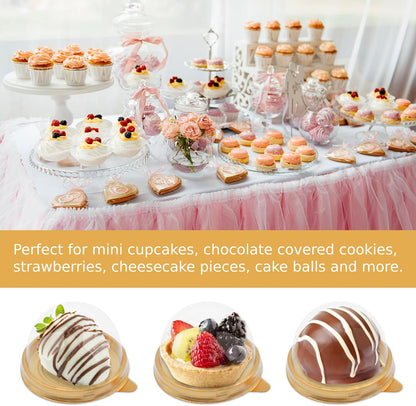 Zezzxu 50 Pack Mini Cake Containers, Clear Plastic Small Cupcake Boxes with Dome Lids for Individual Chocolate Covered Cookies, Strawberry, Mooncake (Gold)