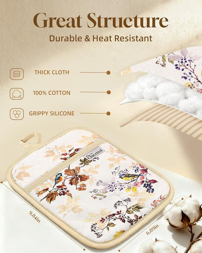100% Thick Cotton Pot Holders Ribbed Soft Silicone Bright Flower