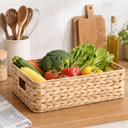 YAHUAN Pantry Basket, Water Hyacinth Storage Basket with Handles Shallow Basket for Organizing, Shelves, Pantry Organizers and Storage, 15.35"L x 11.8"W x 4.72"H (Brown)