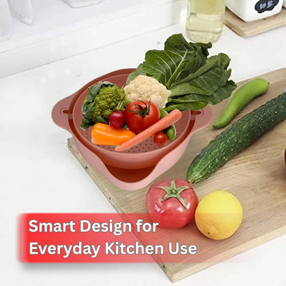 Modern Creative Double Layer Vegetable & Fruit Washing Basket – Durable Plastic Strainer in Pink–Multipurpose Kitchen Colander for Washing, Draining & Serving – Space-Saving Lightweight