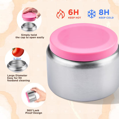 JXXM Bento Lunch Box for Kids With 8oz Thermo, Leakproof Bento Box with with 2 Compartments, Insulated Bottle, Lunch Bag, BPA Free Dishwasher Safe for School Girls Boys (Pink)