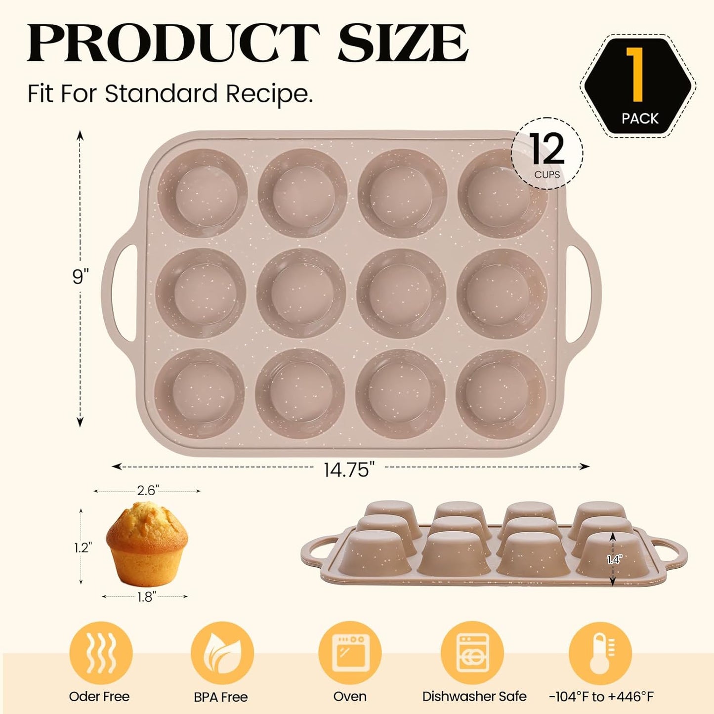 Vinino 2Pack Silicone Muffin Pans for Baking with Metal Reinforced Frame, 12 Cups Regular Size Nonstick Silicone Cupcake Pan, BPA Free Oven Dishwasher Safe Baking Mold for Muffins Cupcakes