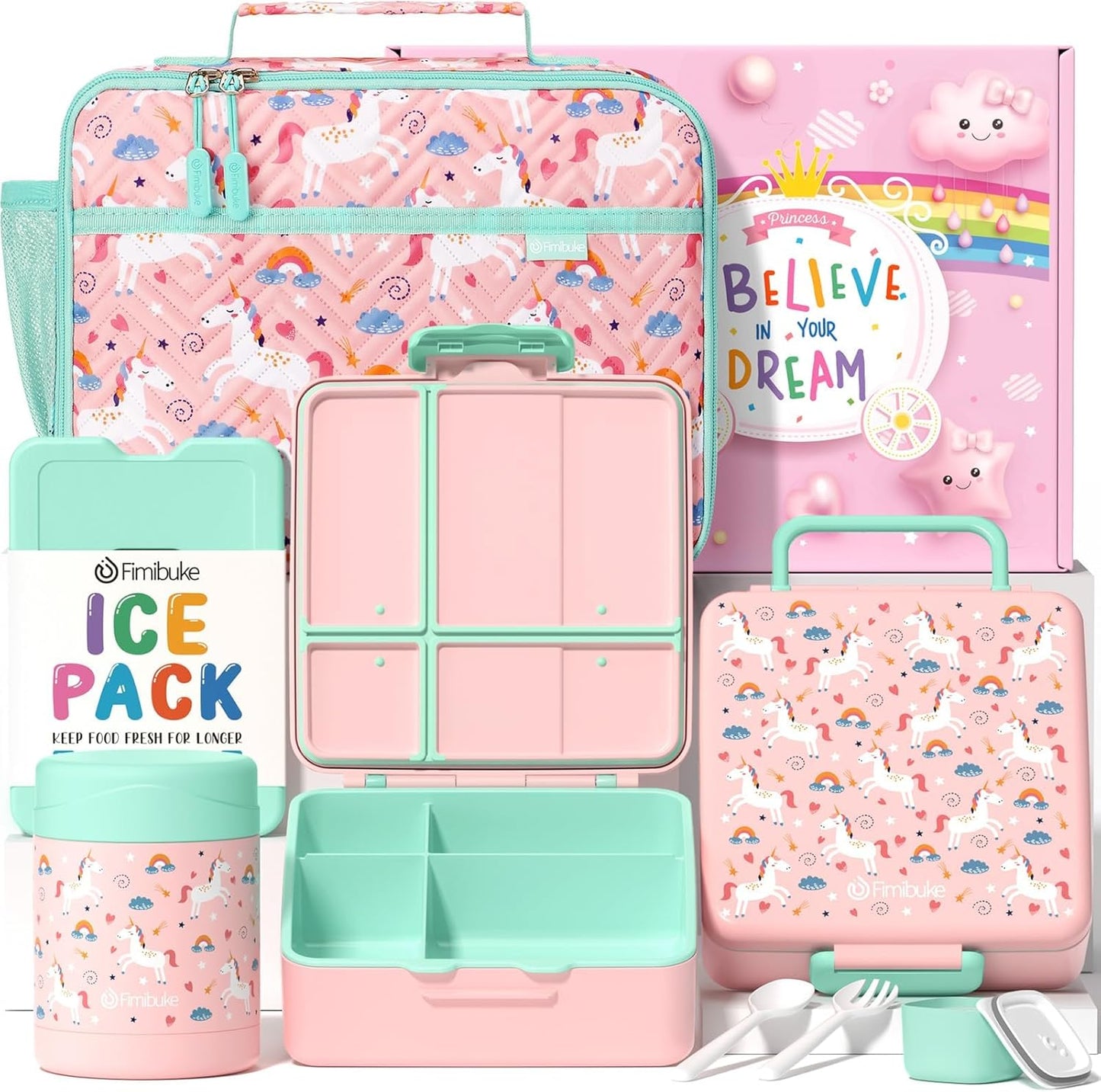 Fimibuke Kids Bento Snack Lunch Box with 4 Compartment, Insulated Lunch Bag, Stainless Steel Vacuum Thermo Food Jar, Ice Pack, Utensils Set, Birthday Gifts for Age 3-12 Back to School Toddler Girl Boy