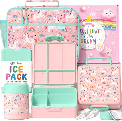 Fimibuke Kids Bento Snack Lunch Box with 4 Compartment, Insulated Lunch Bag, Stainless Steel Vacuum Thermo Food Jar, Ice Pack, Utensils Set, Birthday Gifts for Age 3-12 Back to School Toddler Girl Boy