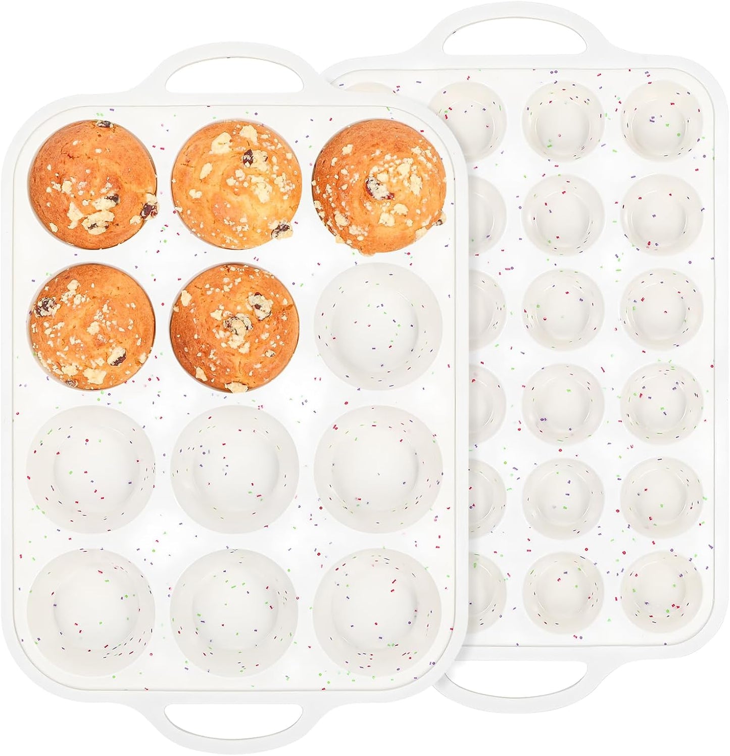 Silicone Muffin Pans With Metal Reinforced Frame - 24 Cups Durable Silicone Baking Pan for Muffins, Cupcakes, BPA Free and Dishwasher Safe - Beige with Rainbow Spots, Set of 2