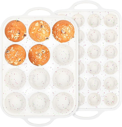 Silicone Muffin Pans With Metal Reinforced Frame - 24 Cups Durable Silicone Baking Pan for Muffins, Cupcakes, BPA Free and Dishwasher Safe - Beige with Rainbow Spots, Set of 2