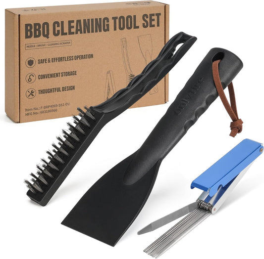 onlyfire Professional BBQ Cleaning Kit, Stainless Steel Burner Cleaner Needles, Heavy-Duty Grill Brush & Plastic Scraper for Unclogging Burners, Scrubbing Grates & Removing Grease -3PCS