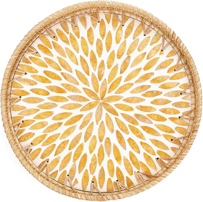 Round Rattan Tray with Mother of Pearl Inlay, Rattan Serving Tray for Coffee, Bread, Fruits, Decorative Wicker Tray for Table Decor, Home Decor, Kitchen Island Decor(Black Checkerboard, 11.8")