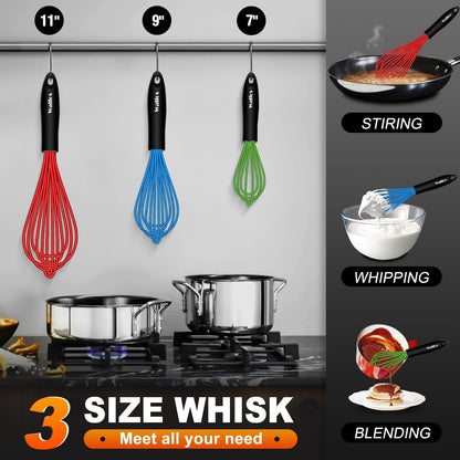 Walfos Silicone whisk,Whisks for Cooking Non Scratch, BPA Free whisk set of 4, 7+9+11in Balloon Whisks & 11in Flat Whisk, Heat Resistant(480°F).Great for Cooking in Pans, Baking, Whisking.Blue