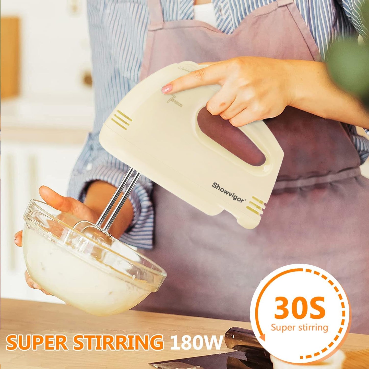 Showvigor Electric Hand Mixer with Stainless Steel Mixing Bowl Set –7 Speeds Turbo-Boost Hand Mixer with Large Mixing Bowls, Measuring Cups, Spoons & Spatula for Kitchen Cakes Eggs Baking(Pink)