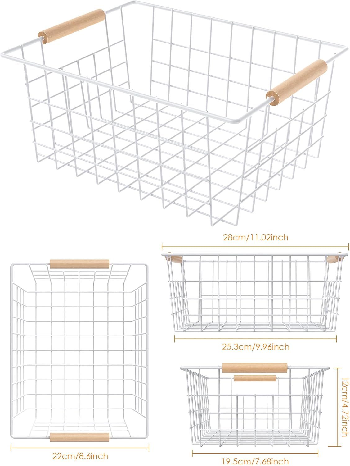 Wire Basket with Wooden Handle, Metal Utility Storage Basket for Organizing Kitchen Pantry Cabinets, Closet and Garage Shelves Drawers, Office Metal Basket Storage Organizer with Handle (Black 4 Pack)