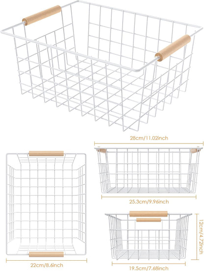 Wire Basket with Wooden Handle, Metal Utility Storage Basket for Organizing Kitchen Pantry Cabinets, Closet and Garage Shelves Drawers, Office Metal Basket Storage Organizer with Handle (Black 4 Pack)