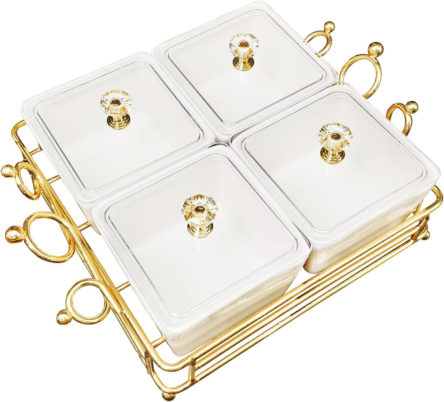 YA JU Ceramic Bowls and with Lid Gold Basket Trays, 6 Removable Small Bowls Condiment Trays Nut Serving Set for Snacks, Fruits, Candy and Condiments -Great for Parties, Holiday Gifts, White
