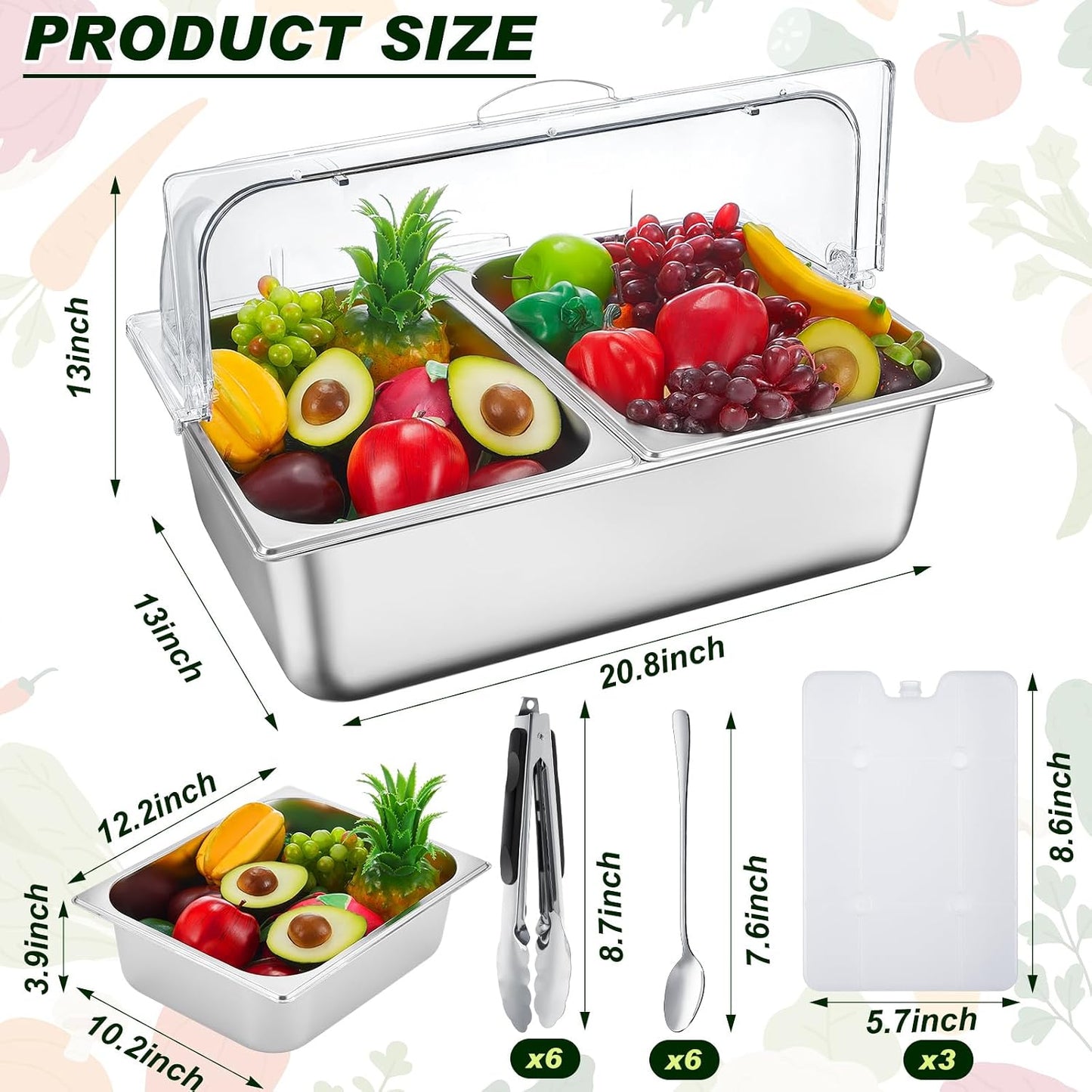 Condiment Tray Stainless Steel Serving Display Set with Lid for Buffet Restaurant Kitchen, Food Chilled Container for Salad Fruit Condiments, Keeps Food Fresh with Ice Box(6 Compartments)