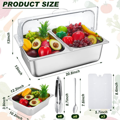 Condiment Tray Stainless Steel Serving Display Set with Lid for Buffet Restaurant Kitchen, Food Chilled Container for Salad Fruit Condiments, Keeps Food Fresh with Ice Box(6 Compartments)