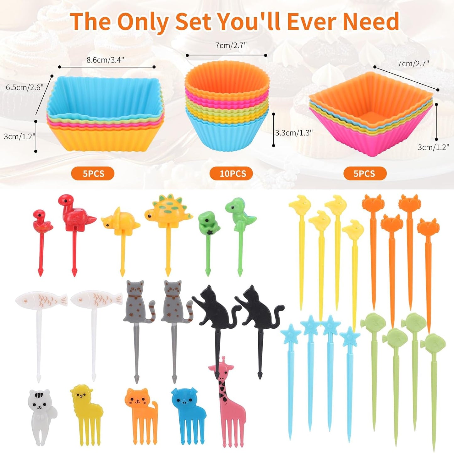 60PCS Silicone Lunch Box Dividers, Heavy-Duty Silicone Cupcake Liners for Muffin Cups, Reusable Kids' Lunch/Bento Box Accessories Set with Animal Forks, Food-Grade, BPA Free(20 Liners + 40 Picks)