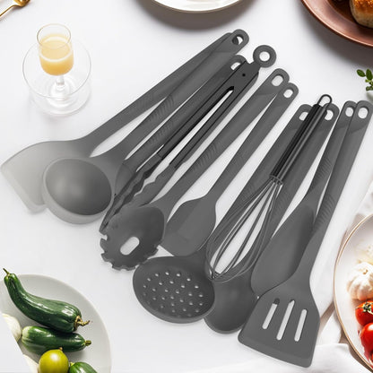 Silicone Cooking Utensils Set - 600°F Heat Resistant, Nonstick Kitchen Utensil Set with Spatulas, Spoons, Whisk, Tongs, BPA Free, Dishwasher Safe, Black