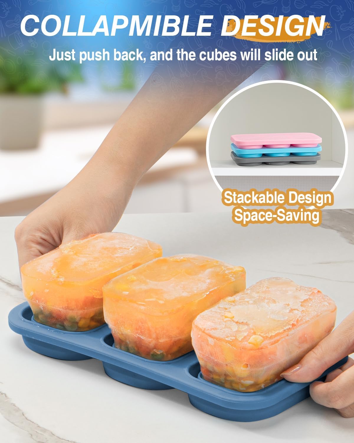Silicone Freezer Trays With Lid, Stackable 1 Cup Silicone Freezer Molds, Easy To Use Soup Ice Cube Tray, Collapsible Freezing Molds for Meal Prep, Broth, Sauce, Leftovers, Soup Storage Gift Set