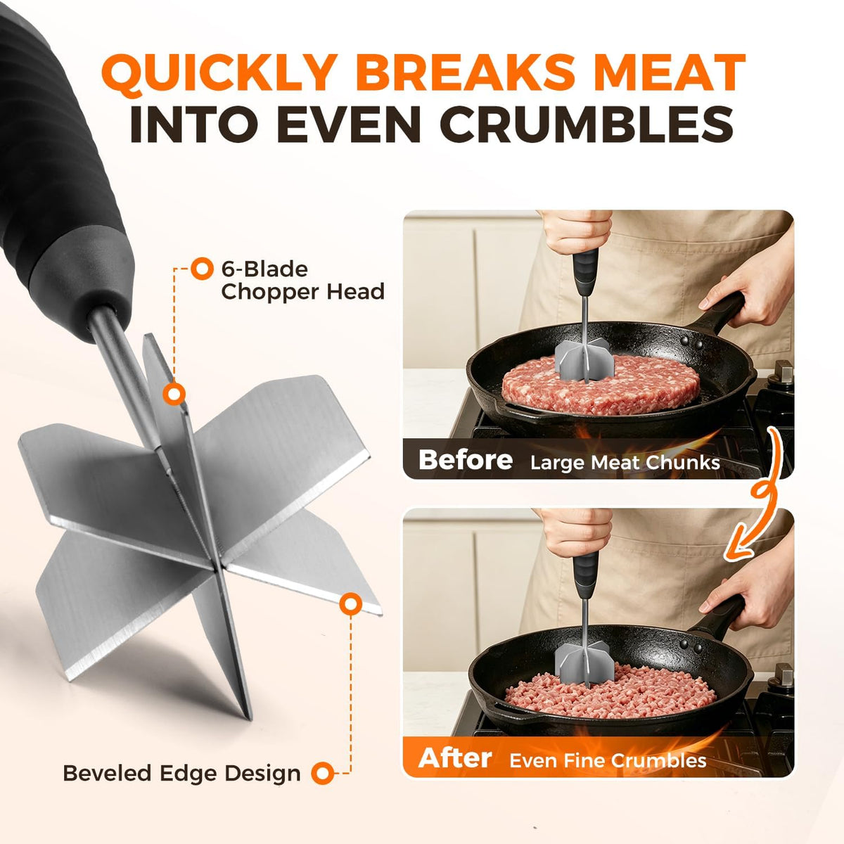 Meat Masher, 304 Stainless Steel Ground Beef Masher with Ergonomic Handle