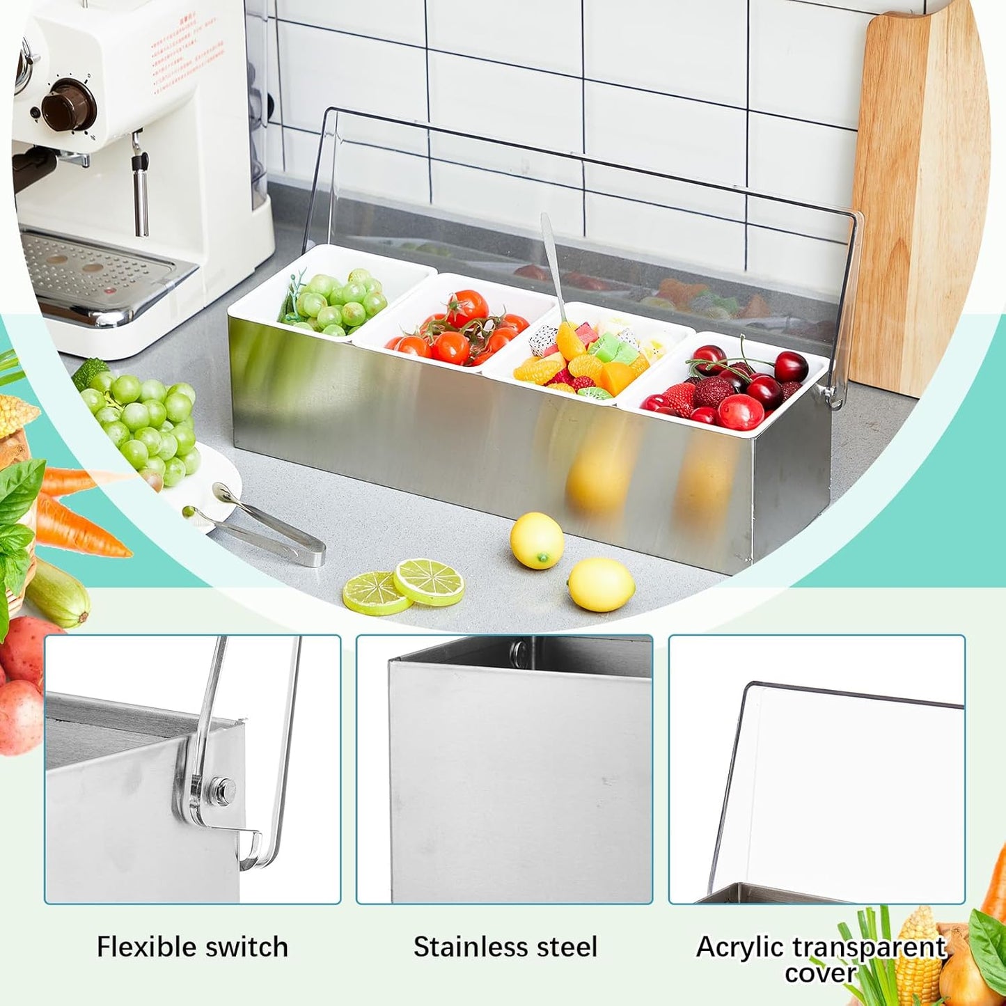 Mifoci 1 Pack Stainless Steel Chilled Condiment Server 6 Removable Slot Toppings Containers with Lid and Bottom Ice Bar Garnish Tray with 9 Silverwares 4 Ice Boxes for Christmas Party, Events and Bar
