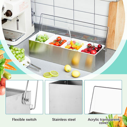 Mifoci 1 Pack Stainless Steel Chilled Condiment Server 6 Removable Slot Toppings Containers with Lid and Bottom Ice Bar Garnish Tray with 9 Silverwares 4 Ice Boxes for Christmas Party, Events and Bar