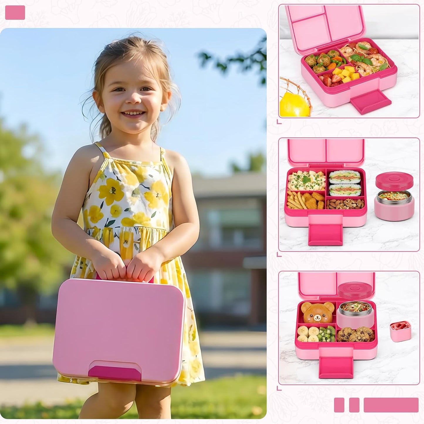 Bento Box Set with 9.5oz Soup Thermo Kids Leak-proof Lunch Box Container with 4 Compartment Stainless Steel Insulated Hot Food Jar with Bag for School Travel - Pink