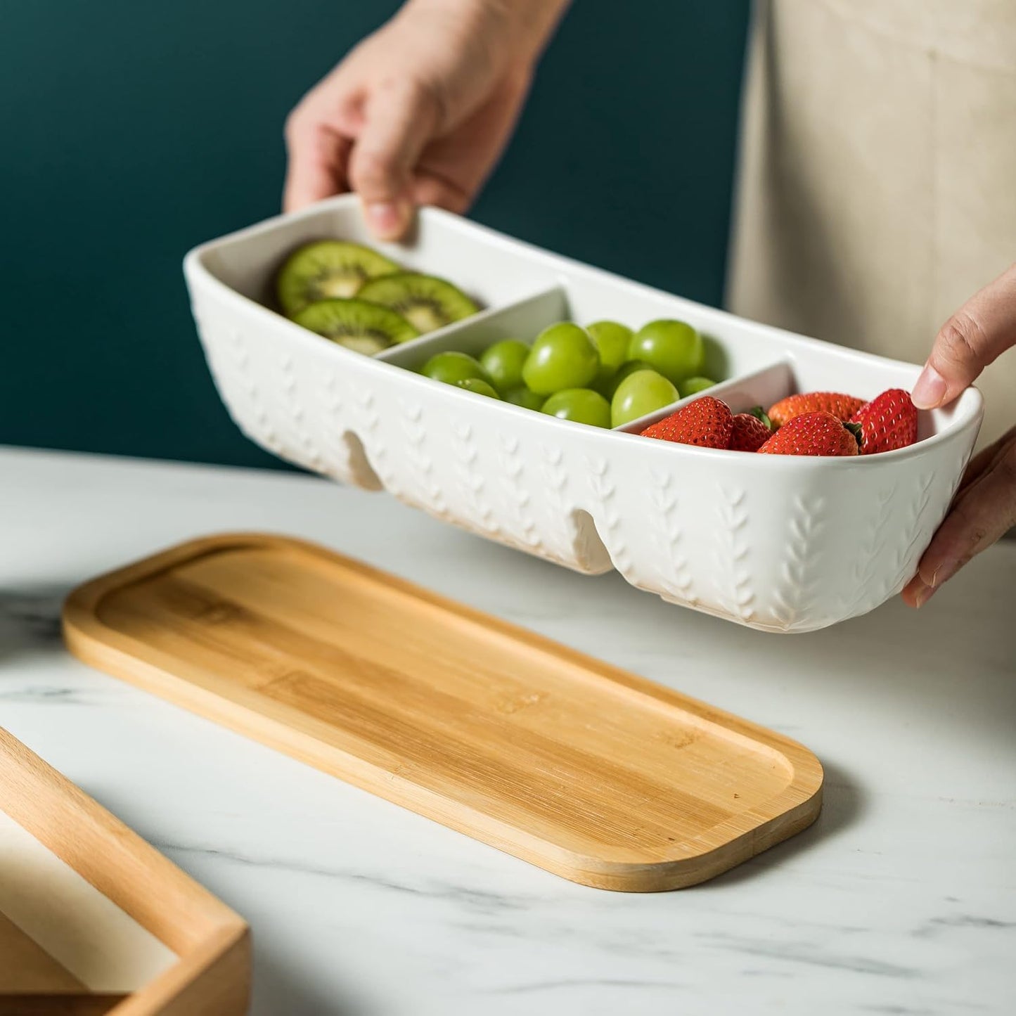 Miamolo 3 Compartment Condiment Tray, Chip and Dip Bowl with Wooden Serving Tray, Perfect for Snacks, Appetizers, Charcuterie, Chips, Candy, 10-inch Chip and Dip Serving Set for Parties