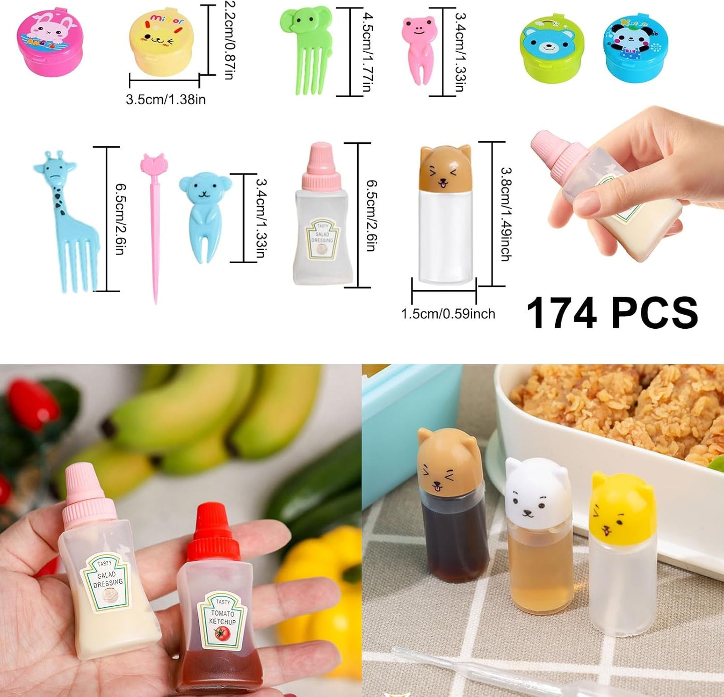 174 Pcs Bento Box accessories Condiment Squeeze Bottles Kids Lunch Accessories Reusable Sauce Containers Mini Ketchup Bottle And Animal Fruit Food Toothpicks for Camping Office Accessories