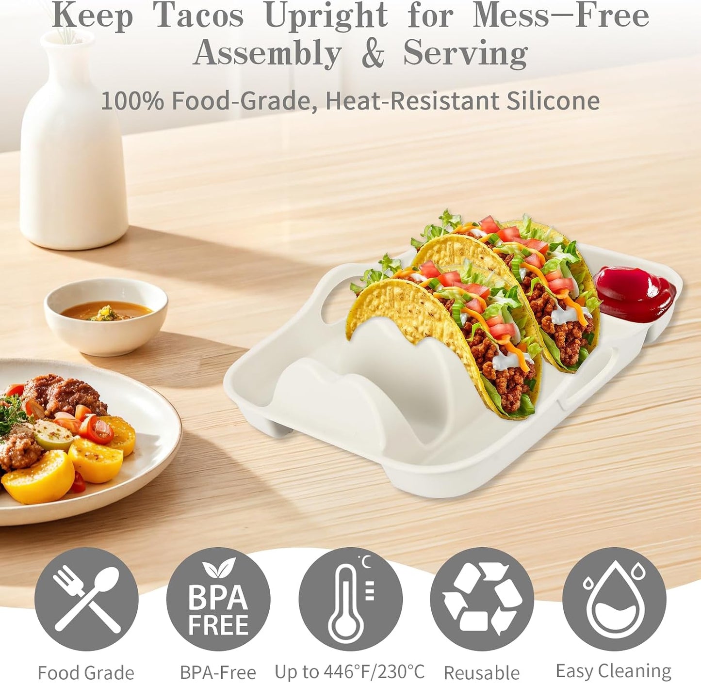 Klyrnd Silicone Taco Holder Set of 2, Reusable Taco Plate with Dividers for Hard & Soft Shells - Microwave & Dishwasher Safe Serving Stand (Grey Beige)