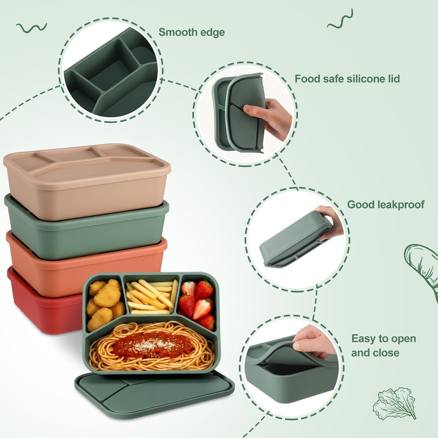 Honeydak 6 Pcs Silicone Bento Box Reusable Lunch Container 4 Compartment Snack Boxes with Lid Smooth LeakProof Rectangle Food Boxes for Adult Work Travel Food Storage (Cute Color)