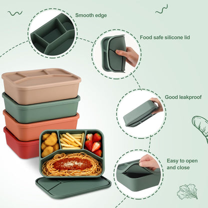 Honeydak 6 Pcs Silicone Bento Box Reusable Lunch Container 4 Compartment Snack Boxes with Lid Smooth LeakProof Rectangle Food Boxes for Adult Work Travel Food Storage (Cute Color)