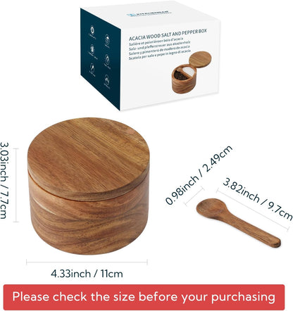KITCHENDAO Acacia Wood Salt and Pepper Bowl Box, Built-in Spoon, Two Compartments Spice Seasoning Container, Sea Salt Cellar Holder, Magnetic Swivel Lid, Dual 5oz Capacity