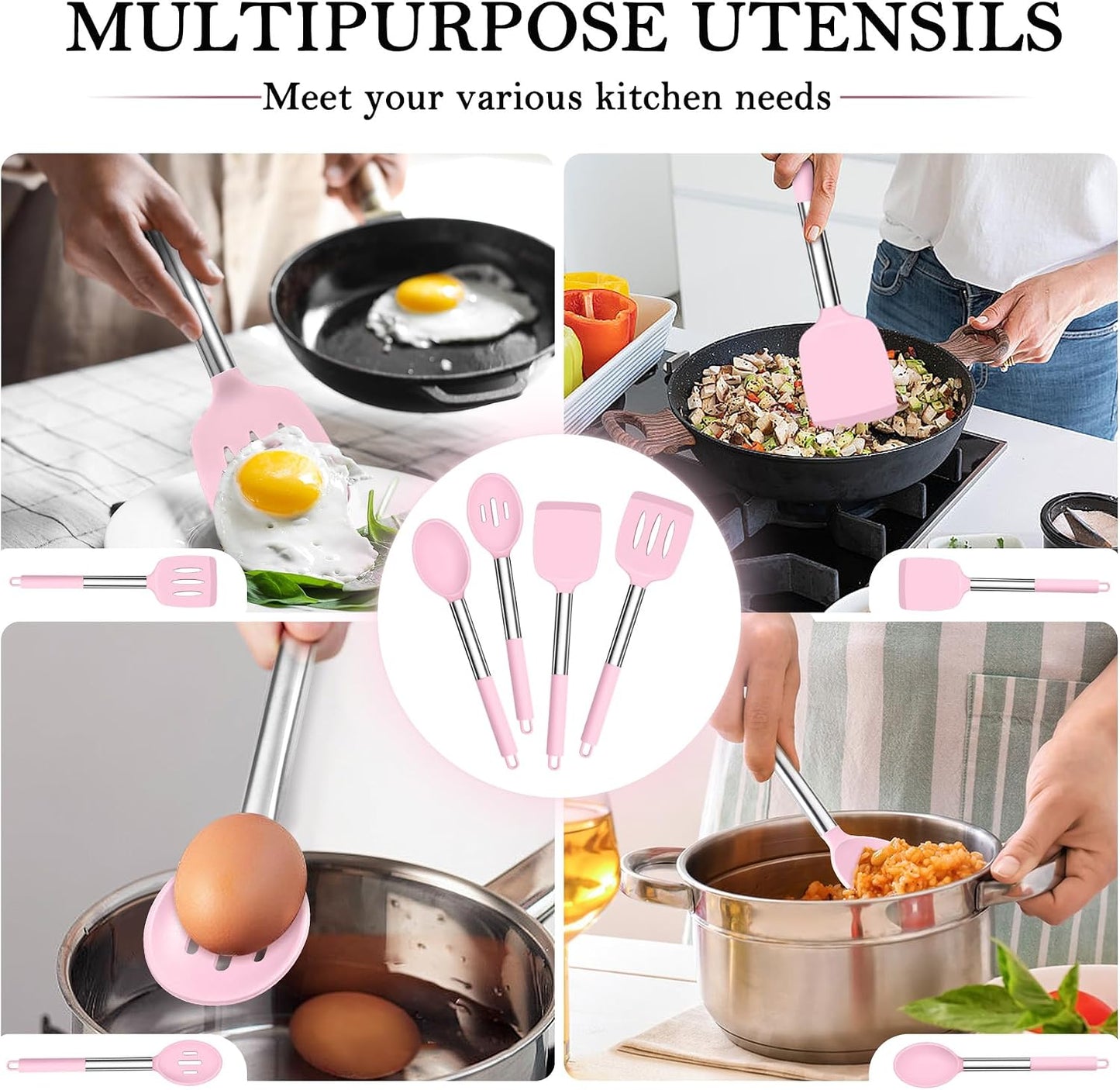 TeamFar Kitchen Utensils, 4 PCS Silicone Cooking Utensils Spatula Spoon Set with Stainless Steel Handle, for Frying Mixing Draining Turning, Healthy & Heat-proof, Non-stick & Dishwasher Safe - Black