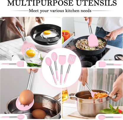 TeamFar Kitchen Utensils, 4 PCS Silicone Cooking Utensils Spatula Spoon Set with Stainless Steel Handle, for Frying Mixing Draining Turning, Healthy & Heat-proof, Non-stick & Dishwasher Safe - Black