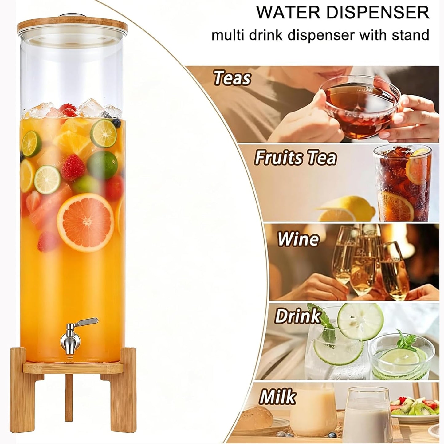 Beverage Dispenser,2.1 Gallon Glass Drink Dispenser with Stand,Glass water dispenser with Spigot, Large Drink Dispensers for Parties,Water Dispensers for Bar,Wedding,Restaurants 8L