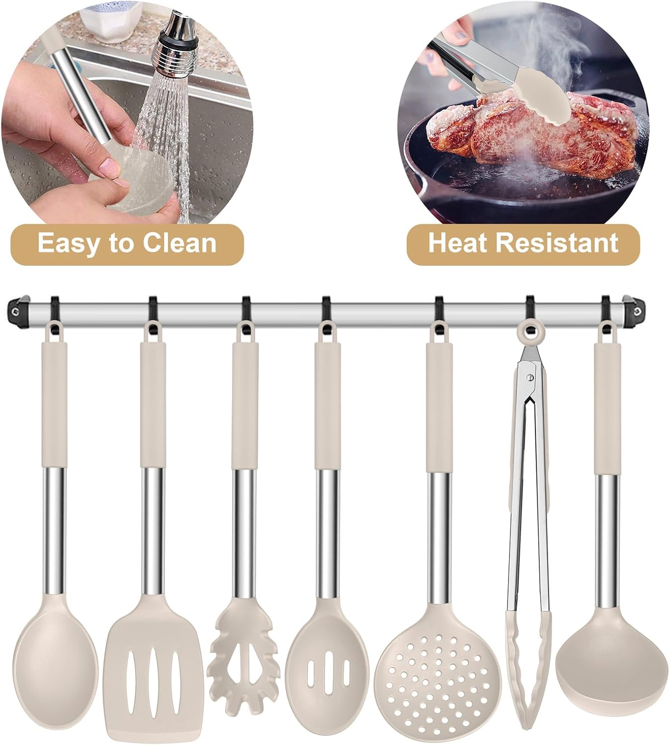 E-far Silicone Cooking Utensils Set, 7 Pcs Heat Resistant Kitchen Utensils with Stainless Steel Handle, Slotted Turner, Spoon, Soup Ladle, Pasta Server, Skimmer, Tongs for Nonstick Cookware, Black