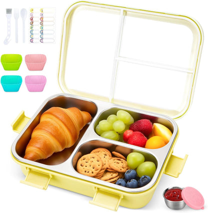 Kids Stainless Steel Bento Box, 3 Compartments Leakproof Lunch Box, Portable Food Storage Containers with Silicone Lids BPA-Free for Office, Picnics, Travel, Blue