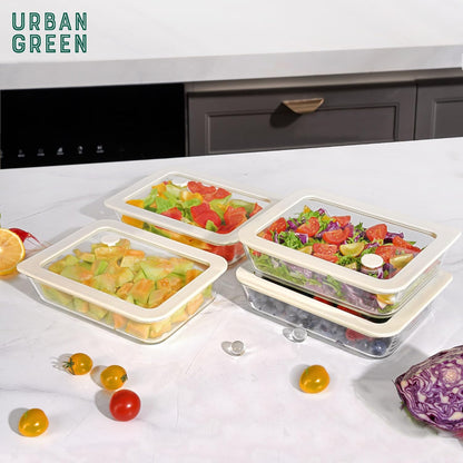 Urban Green Glass Food Container Set with Glass Lid, 3 Pack, Food Storage Containers Set, Airtight, LeakProof, 100% Plastic Free, Meal Prep Containers (White Color)