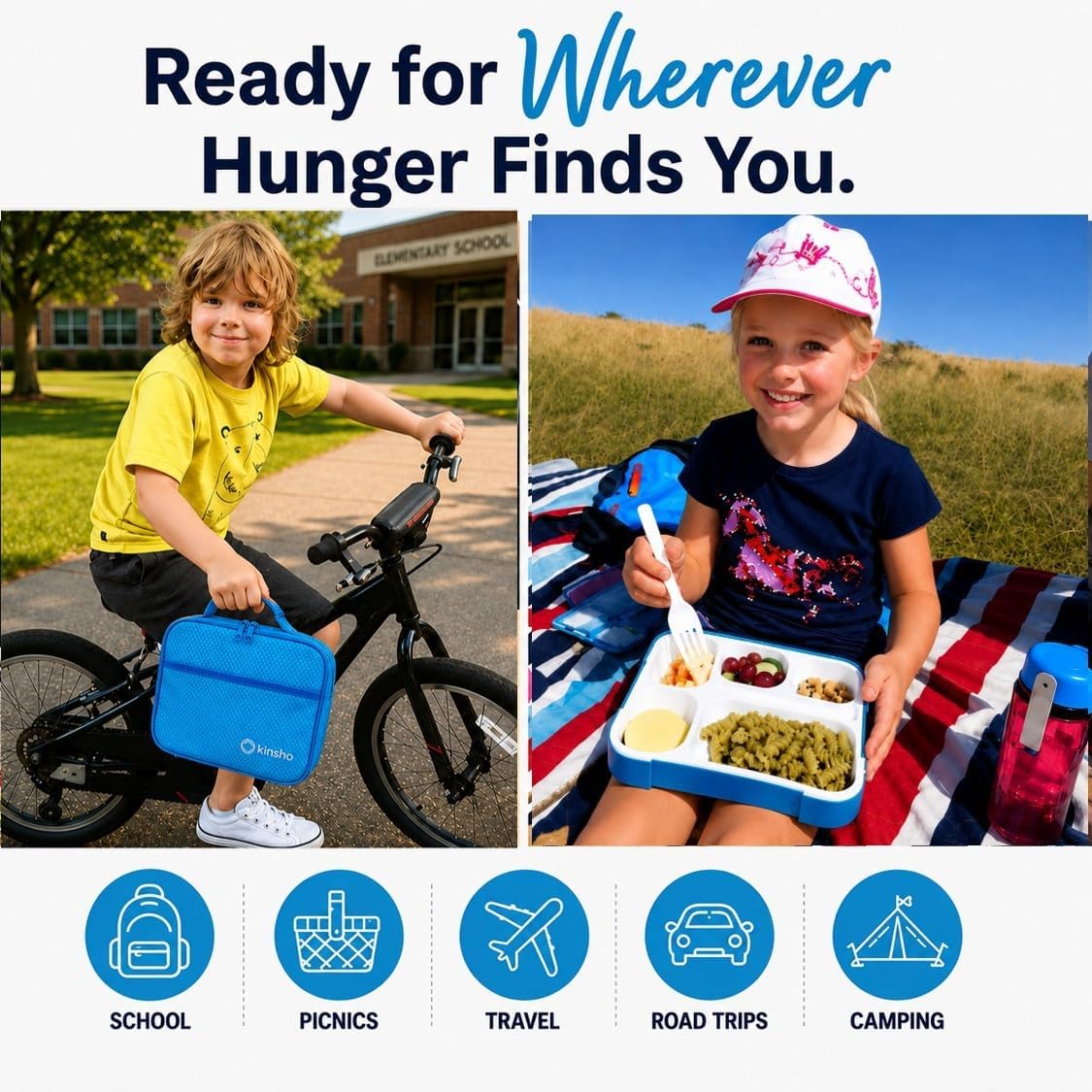 kinsho Lunch Box for Kids Boys Girls - Bento Box Set with Insulated Bag and Ice Pack, 6 Compartment Leak Proof Food Container, BPA-Free, Microwave Safe, Ideal for School & Work, Teal